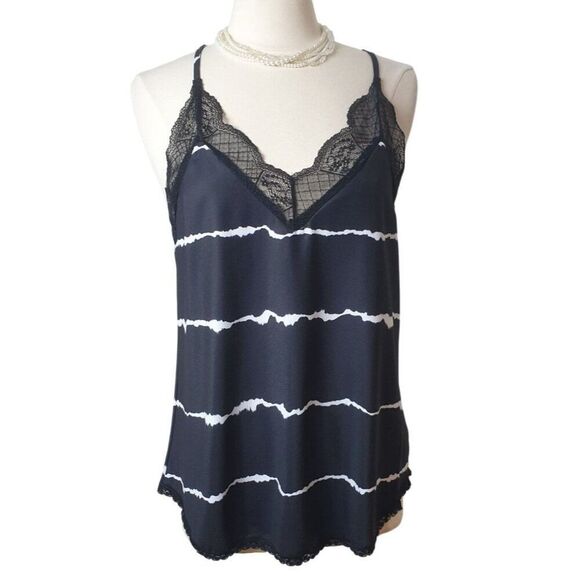 Womens Cami M Black White Lace Trim Camisole Top Layer Shell Medium - Picture 1 of 6